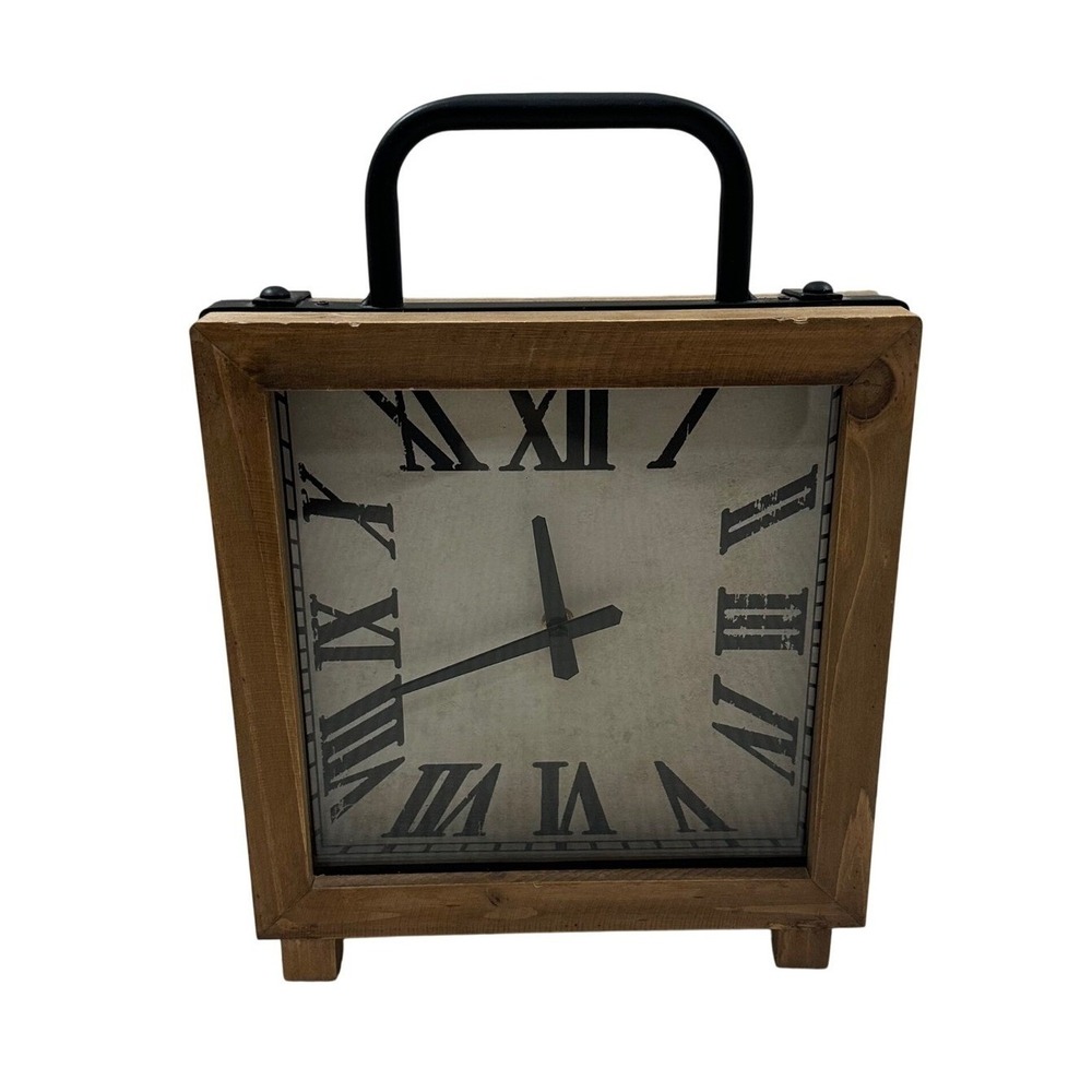 Zest Garden Rustic Wood Square Table Clock Roman Numeral Farmhouse Decor 11.5in
